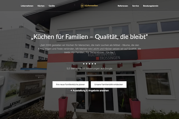 Website von Küchenwelten Trossingen — Startseite mit Küchenausstellung und Terminbuchung