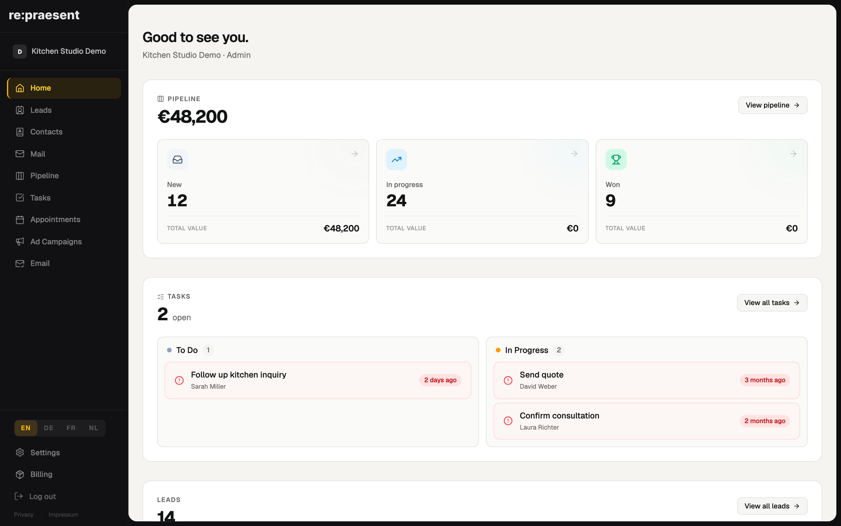 Dashboard — pipeline, tasks, and leads overview