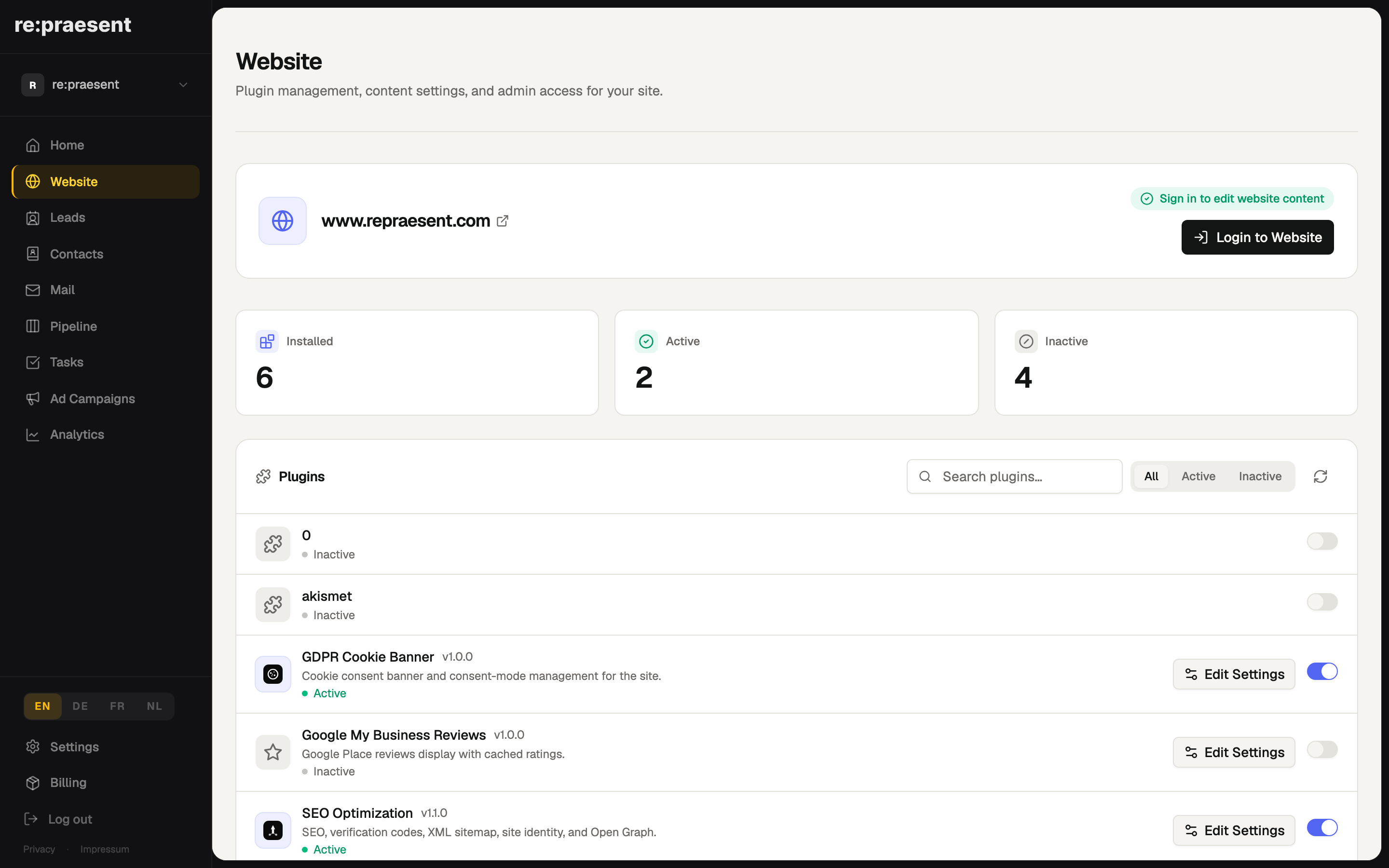 Website — CMS login and plugin management